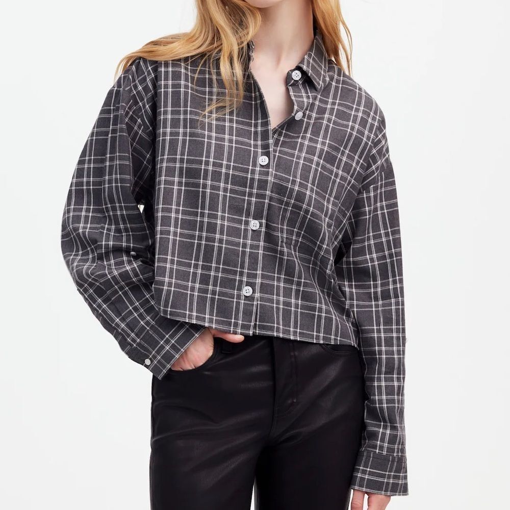 Madewell Heather Grey Plaid Straight-Hem Shirt